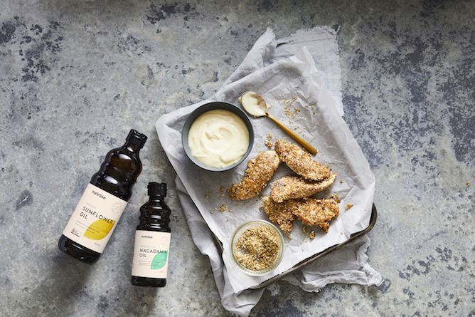 DUKKAH CRUSTED CHICKEN DIPPERS WITH LIME AIOLI