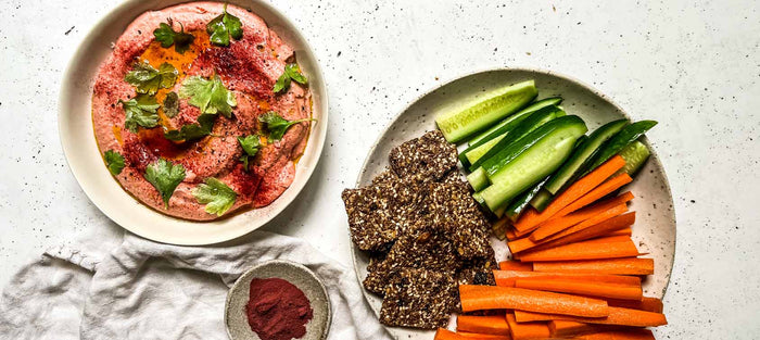 ROSEMARY FLAX CRACKERS WITH FESTIVE BEET HUMMUS