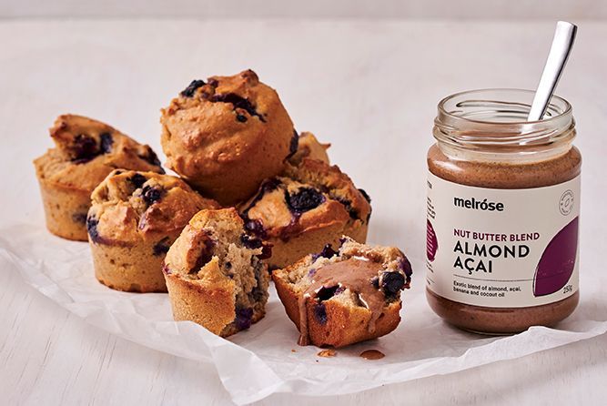 GLUTEN FREE BLUEBERRY MUFFINS WITH ALMOND AÇAI BUTTER