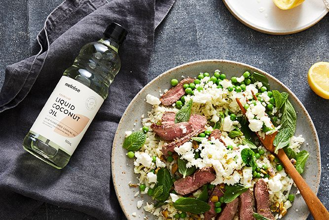 CAULIFLOWER RICE WITH LAMB, PEAS AND MINT