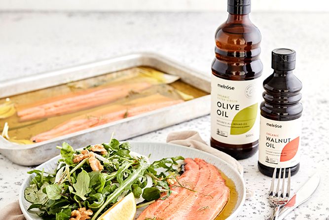 OLIVE OIL POACHED RAINBOW TROUT WITH FENNEL, DILL AND ROCKET LEAVES